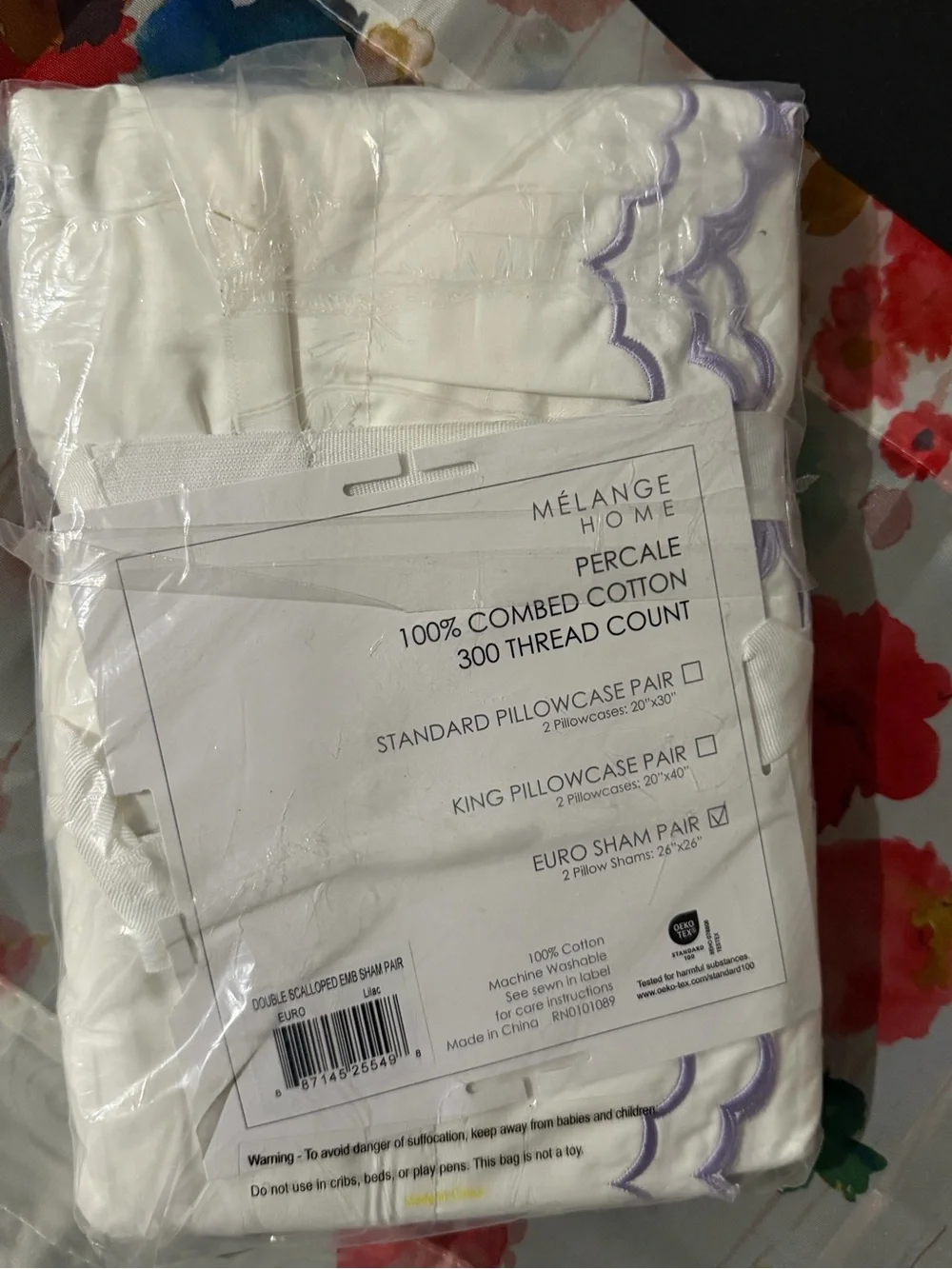 White Pillowcase with Lavender Scallop Trim
